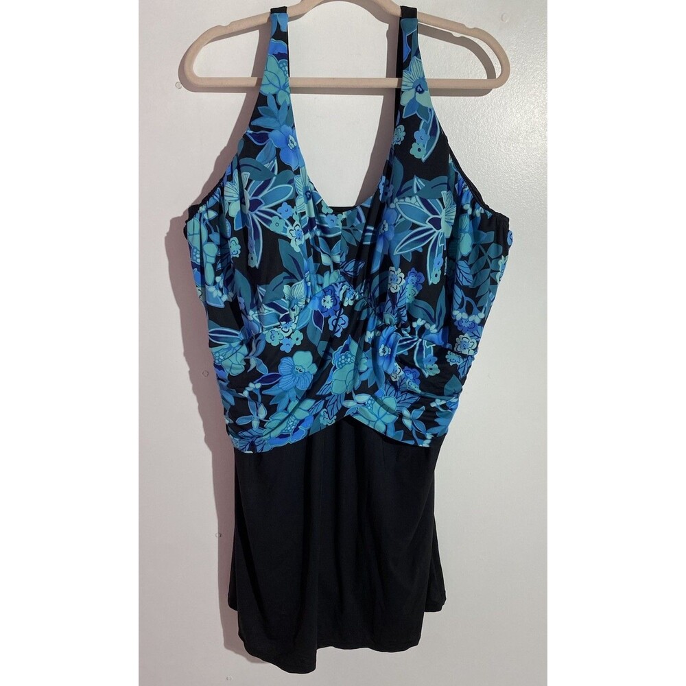 Lands End One Piece Swim Dress 24W Blue Floral Resort Beach Vacation Hawaiian